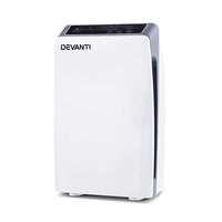 White Devanti air purifier showing front panel with LED air quality indicator lights.