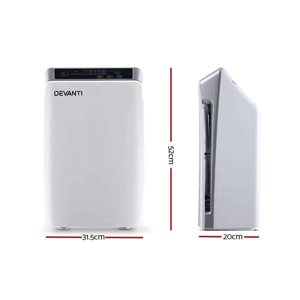 Side view of the white Devanti air purifier highlighting sleek ventilation design.