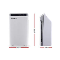 Side view of the white Devanti air purifier highlighting sleek ventilation design.