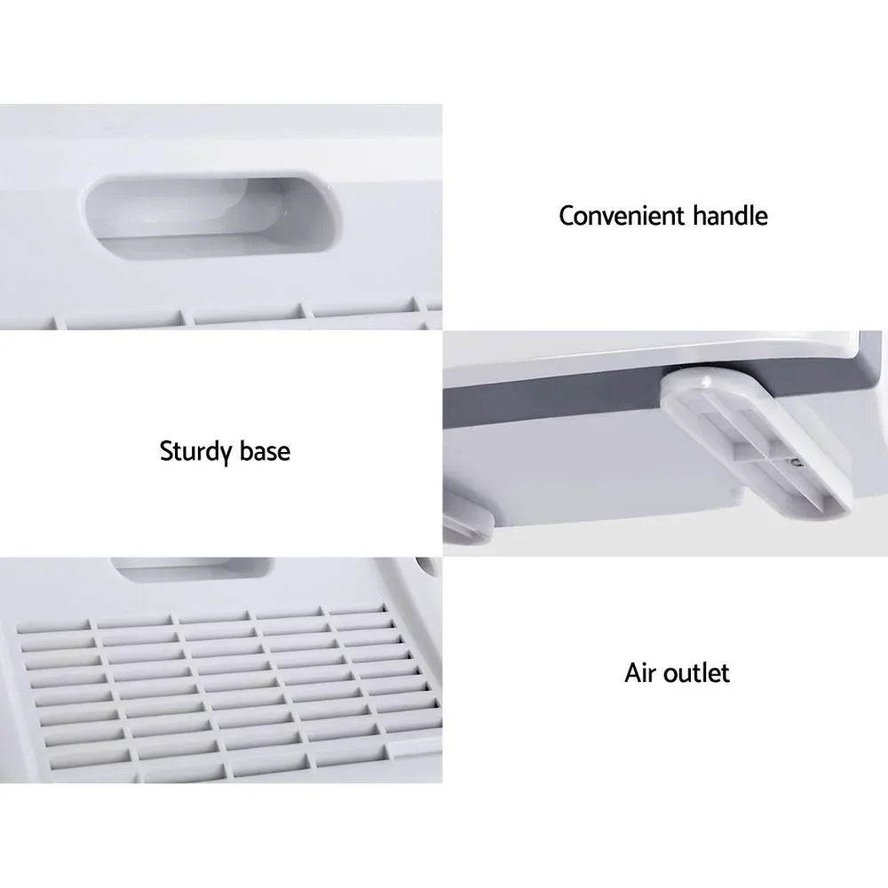 Compact white air purifier with carbon filter and ioniser features displayed.