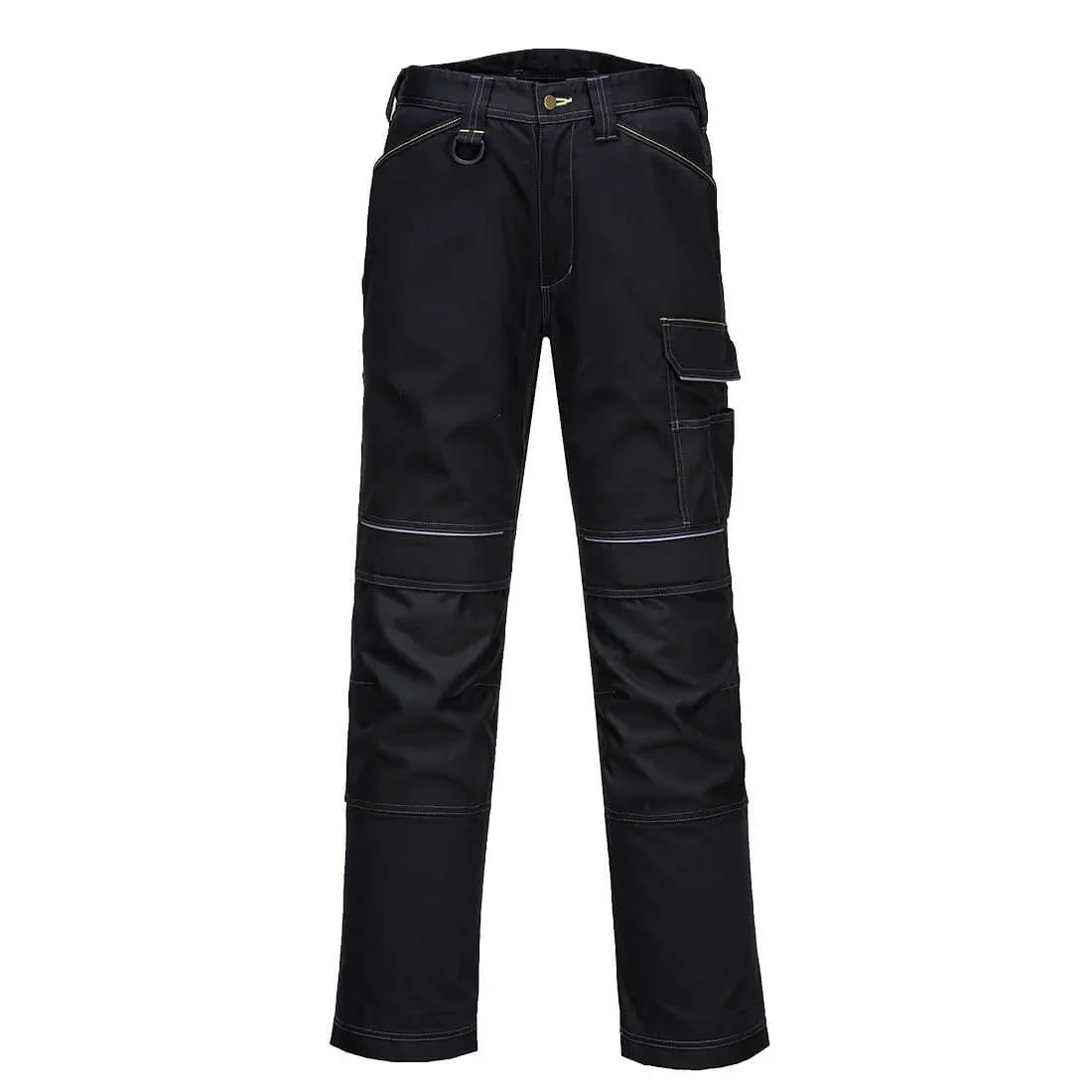 High visibility women's work pants in black with reflective stripes on the legs.