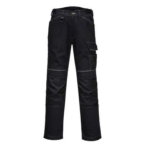 Front view of high visibility women's black work pants with elastic fit and reflective details.