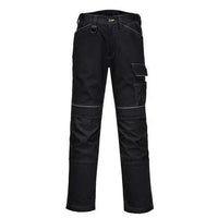Front view of high visibility women's black work pants with elastic fit and reflective details.