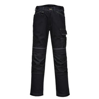 High visibility women's work pants in black with reflective stripes on the legs.