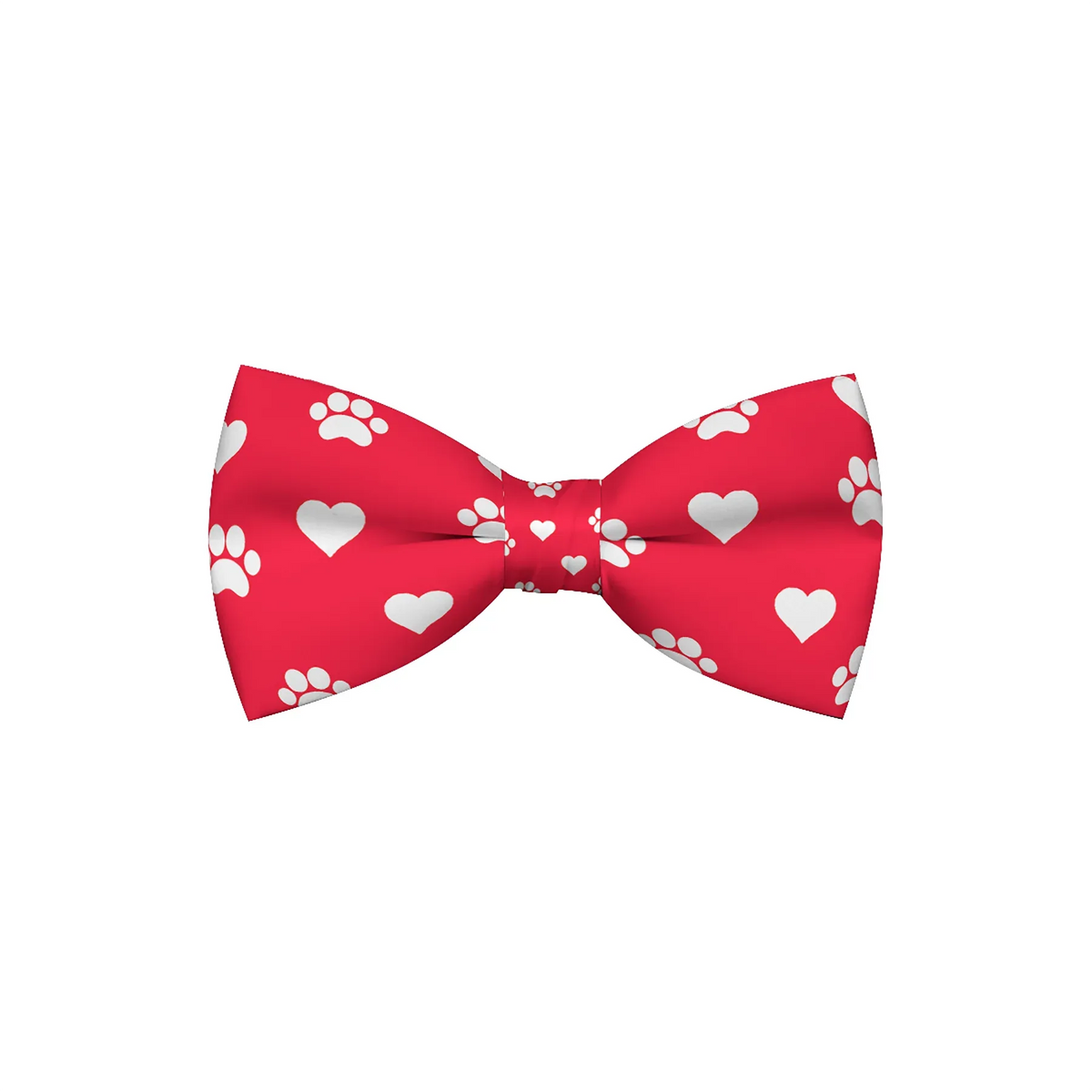 Red dog bow tie patterned with hearts and paw prints, shown flat.
