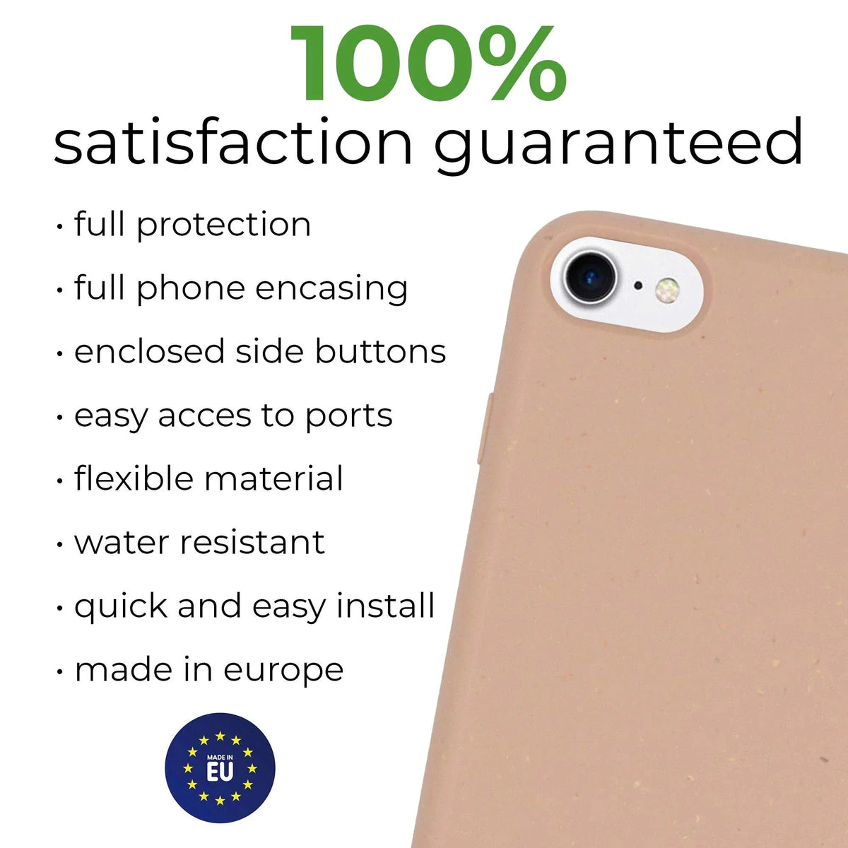 Full protection biodegradable pastel pink phone case fitted on an iPhone SE.