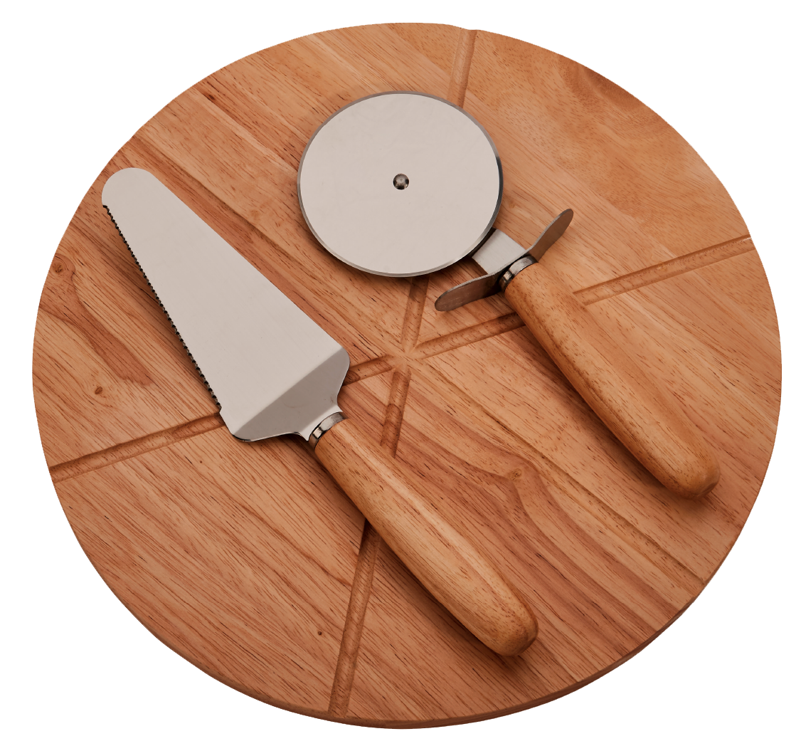 A wooden pizza board with slice guides, a stainless steel cutting wheel, and a matching pizza server.