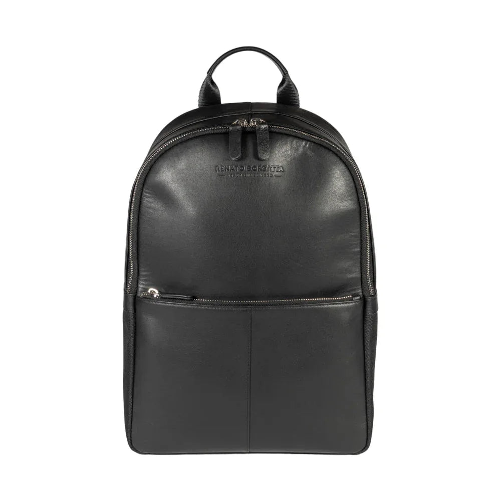 Close-up of textured black leather detail on backpack surface
