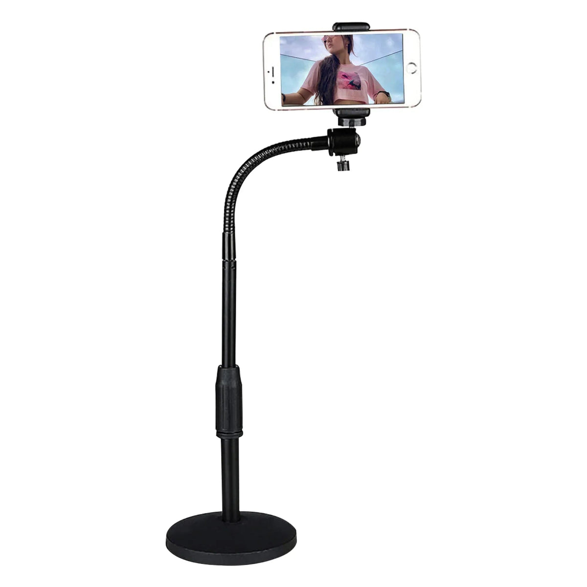 Close-up of phone clamp on metal scissor boom arm stand showing adjustable mechanism.