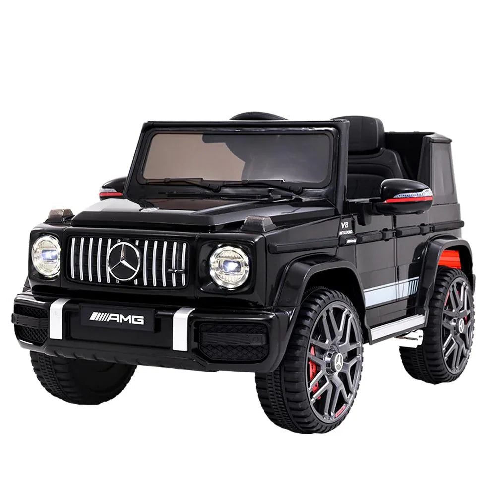 Black Mercedes-Benz AMG G63 kids ride on car front view with headlights on