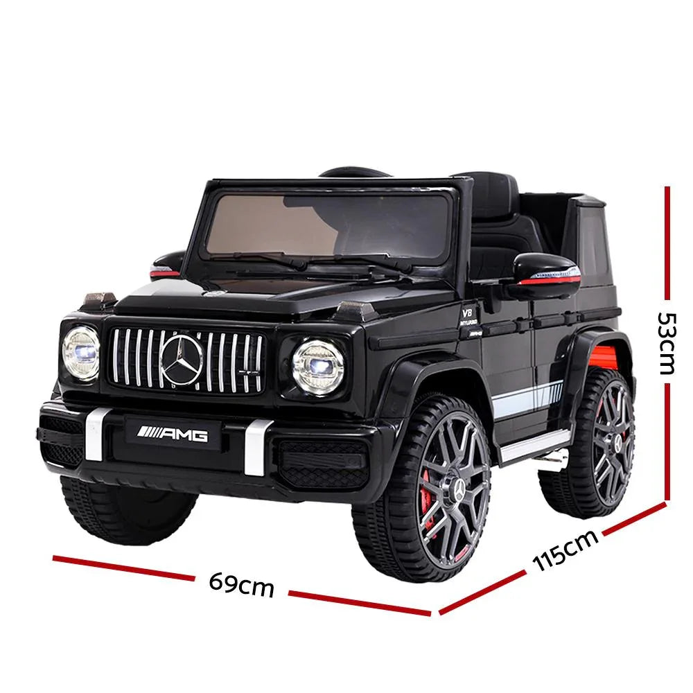 Side angle of black Mercedes-Benz AMG G63 kids electric ride on car showing door and wheels