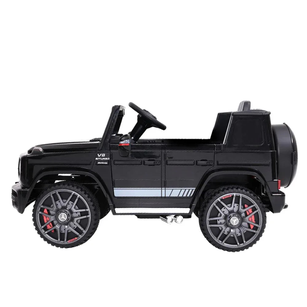 Rear and side view of black Mercedes-Benz AMG G63 kids electric ride on car on white background