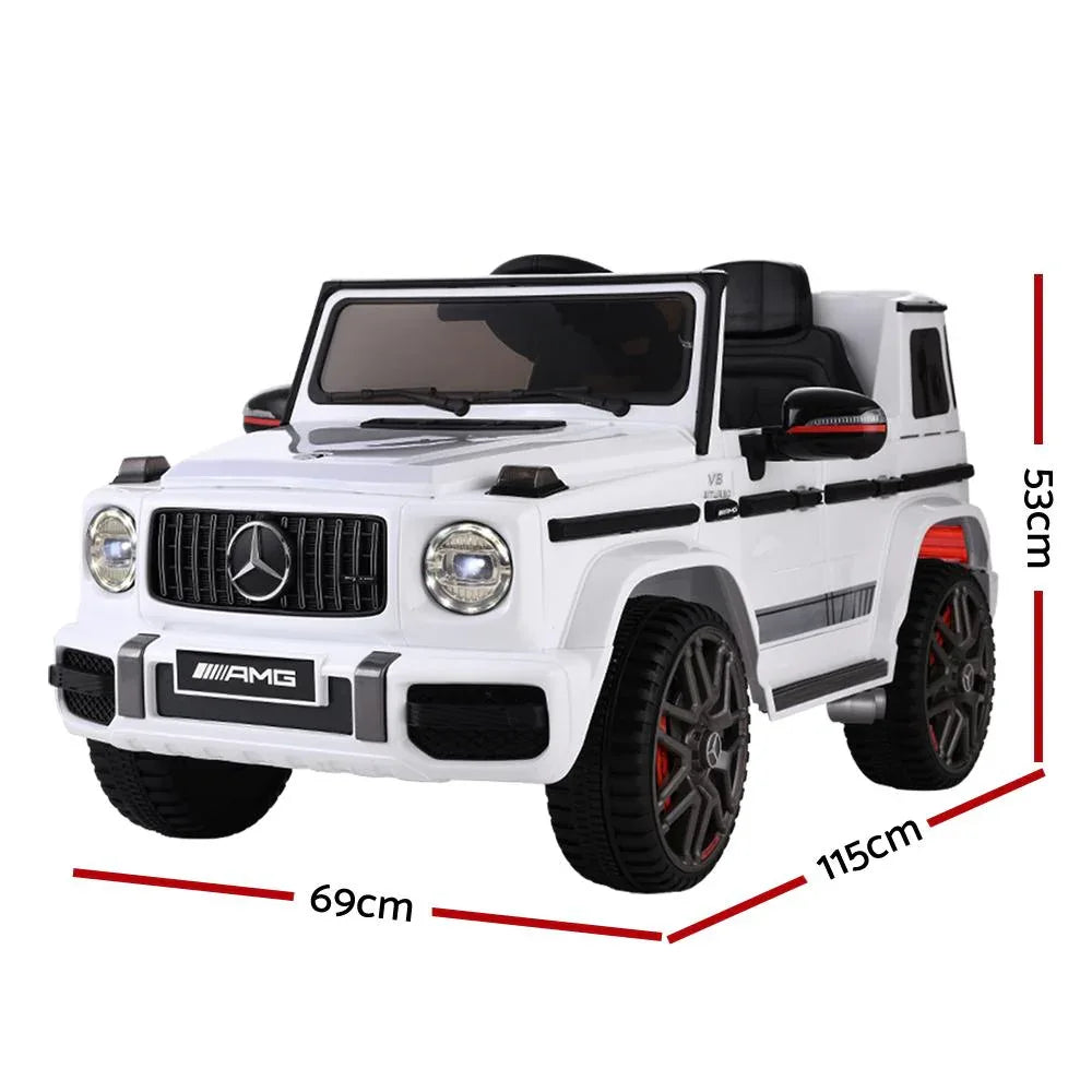 Side view of white Mercedes-Benz AMG G63 kids electric ride-on car showing doors and wheels
