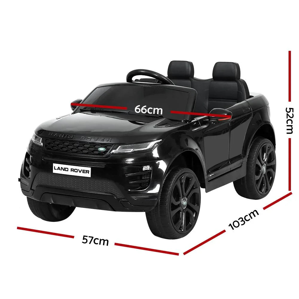 Side view of black Land Rover Evoque kids electric ride-on car on white background.
