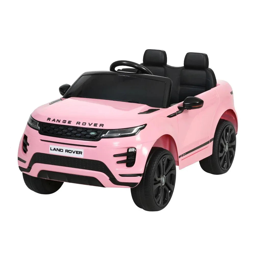 Front-side view of a red kids electric ride-on Land Rover Evoque car toy