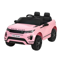 Front-side view of a red kids electric ride-on Land Rover Evoque car toy