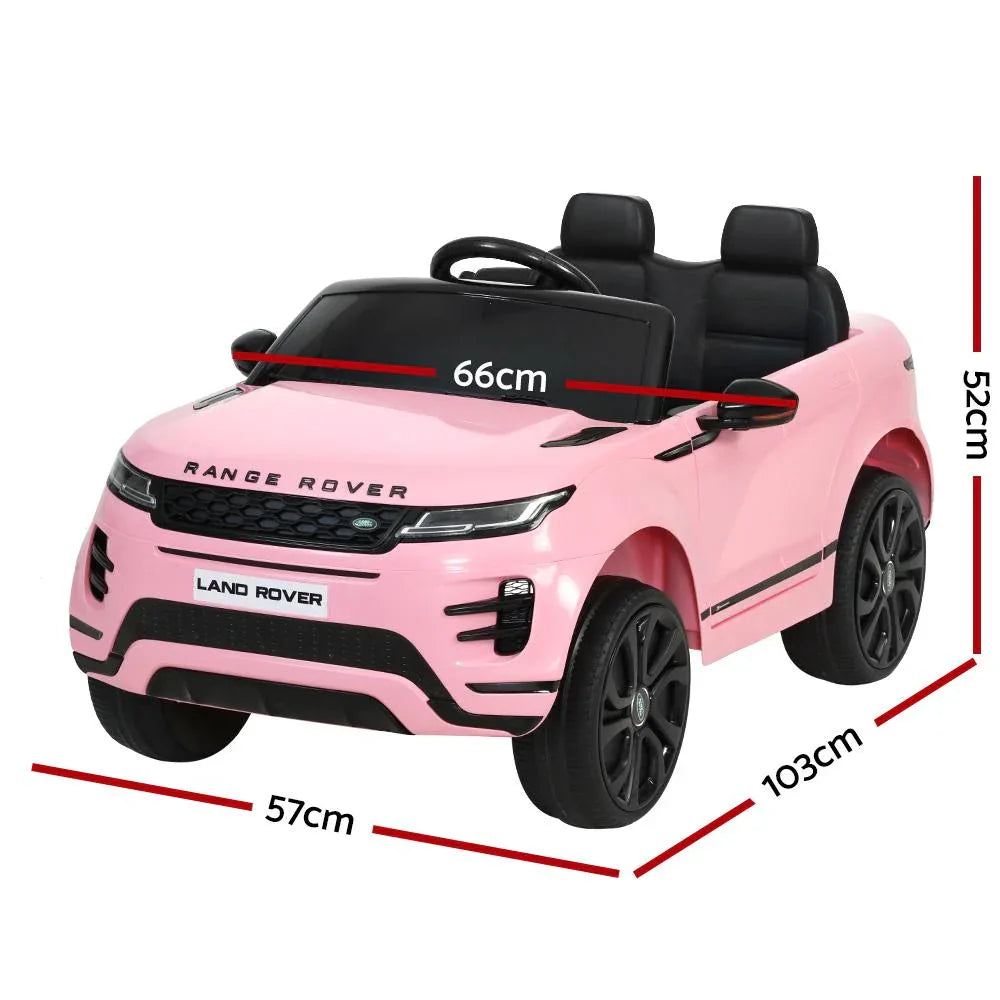 Rear-side view of the red kids electric ride-on Land Rover Evoque car toy showing tail lights and wheels