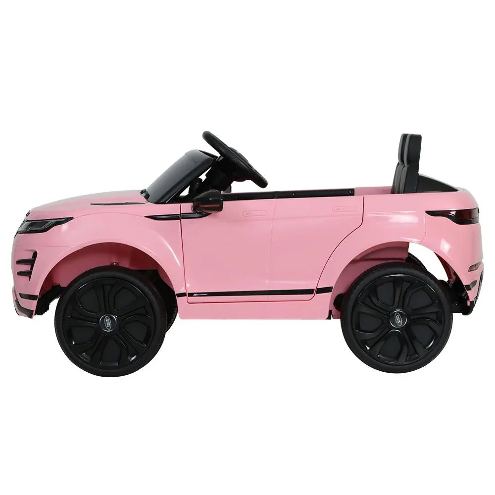 Side profile of the red kids electric ride-on Land Rover Evoque car toy highlighting door and plastic detailing