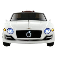 Close-up on the white ride on car’s front grille and Bentley logo with sleek design accents.
