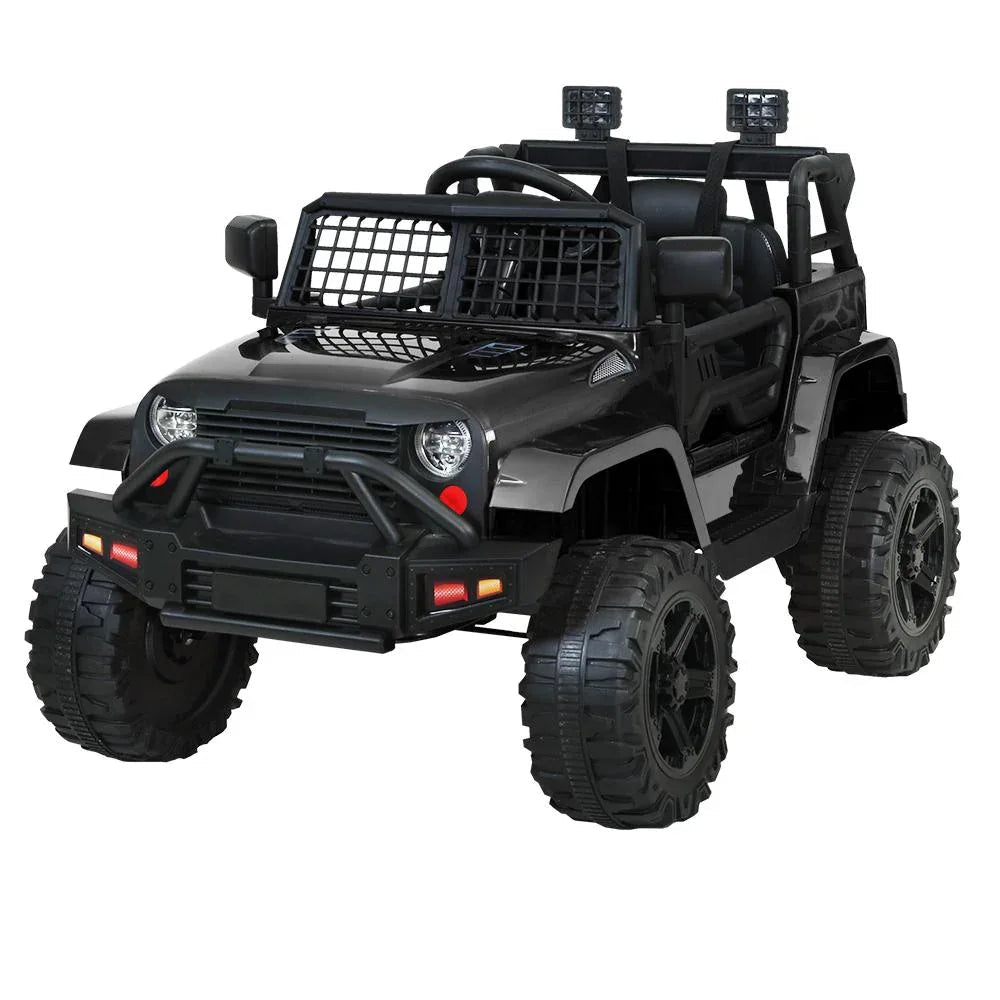 Black kids electric ride-on jeep car angled front view with realistic headlights and grill