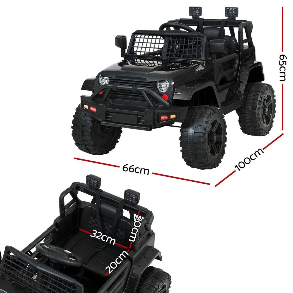 Side view of black kids electric ride-on jeep with large tires and open door