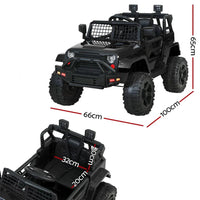 Side view of black kids electric ride-on jeep with large tires and open door