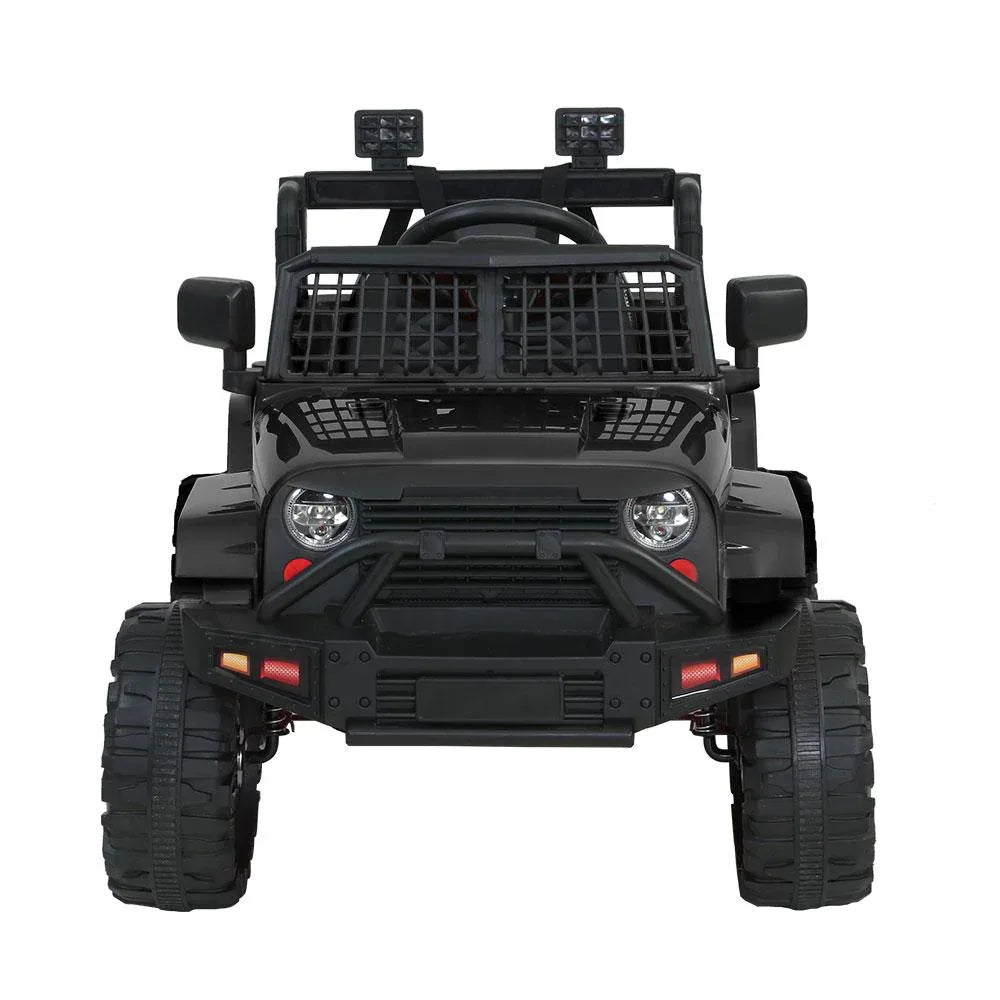 Rear side view of black electric kids ride-on jeep showing taillights and rear bumper