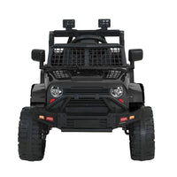 Rear side view of black electric kids ride-on jeep showing taillights and rear bumper