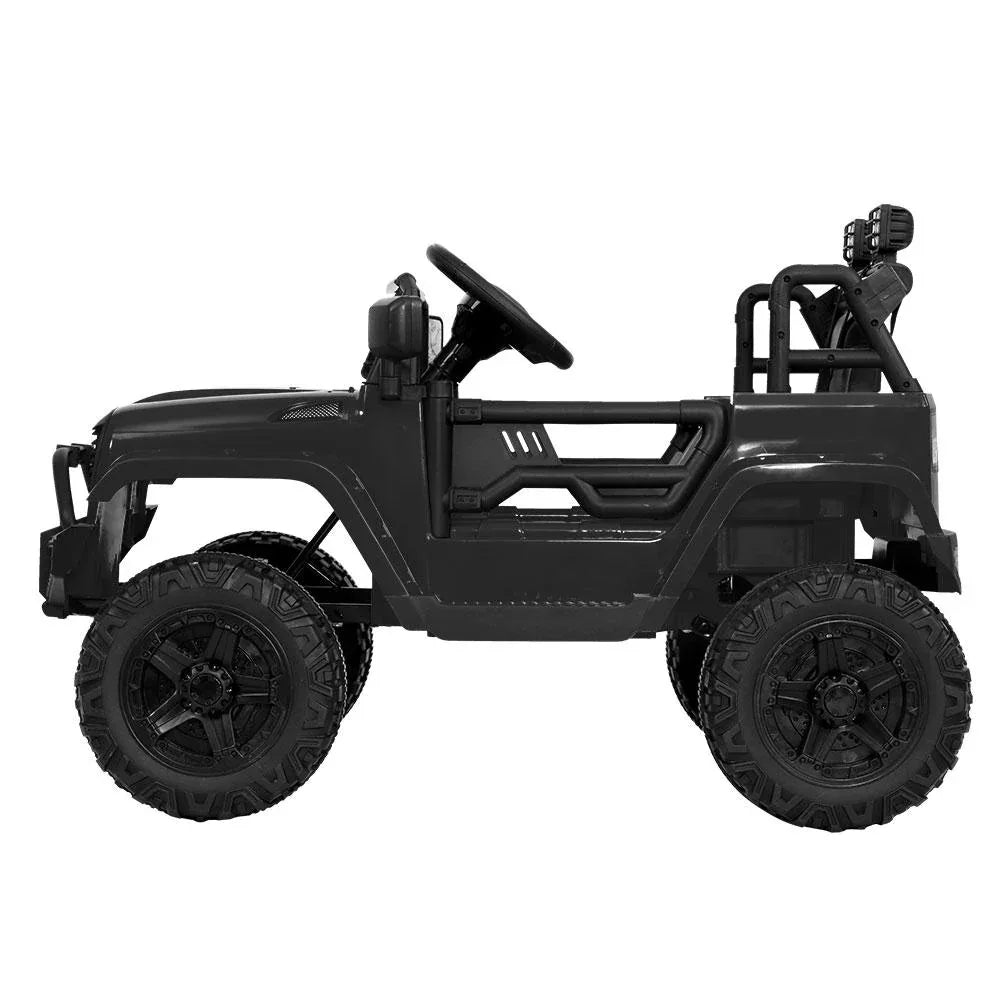Front interior view of kids ride-on jeep highlighting steering wheel and dashboard