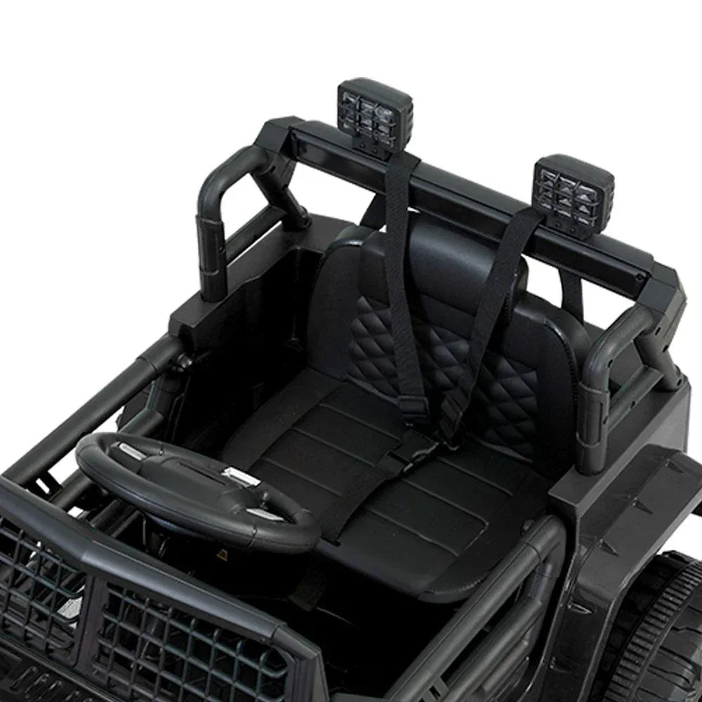 Close-up of jeep’s dashboard and control panel on kids electric ride-on car