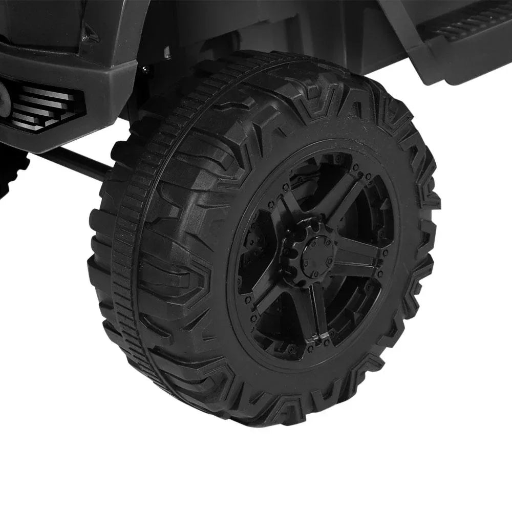 Top-down view of black kids ride-on jeep showcasing seating and steering wheel