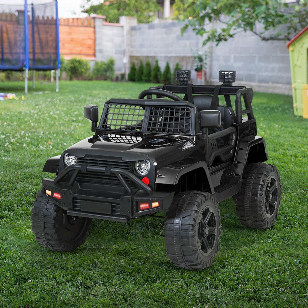 Black kids electric ride-on jeep on white background showing whole vehicle from front