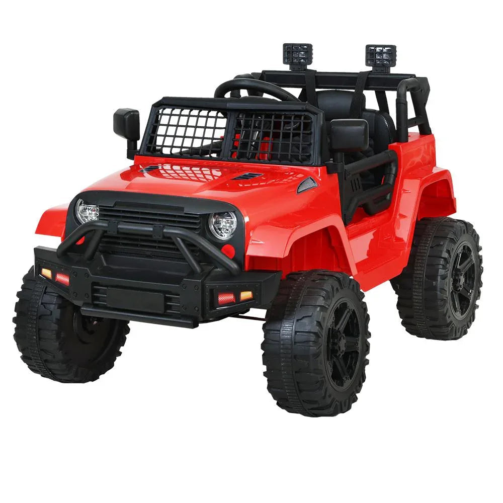 Red kids electric ride-on jeep car with black wheels, shown on white background.