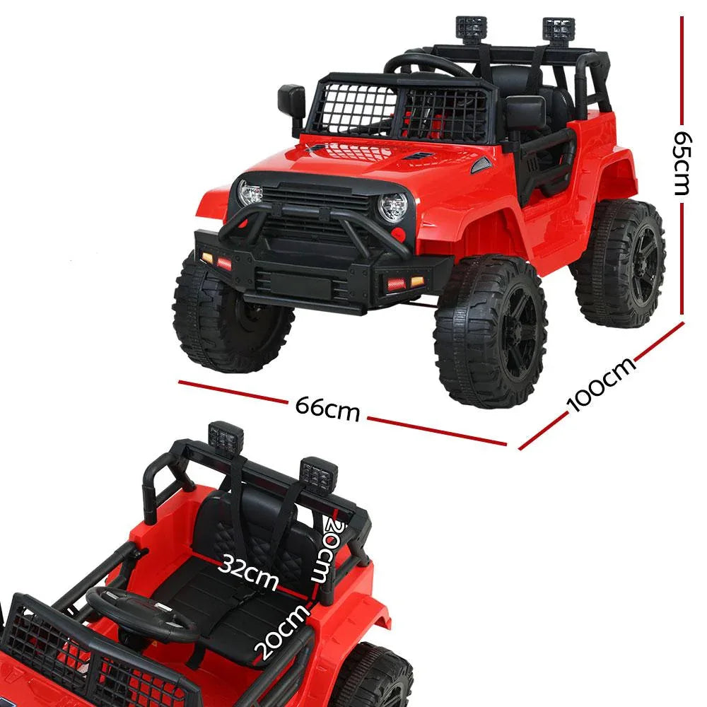 Front angle view of red kid's ride-on jeep highlighting headlights and steering wheel.
