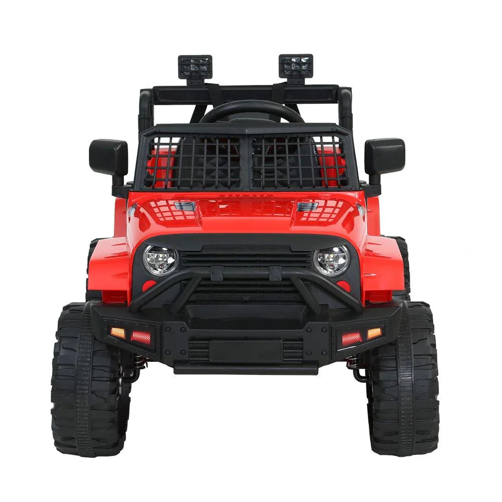 Side profile of red electric kids jeep toy with open top and realistic details.