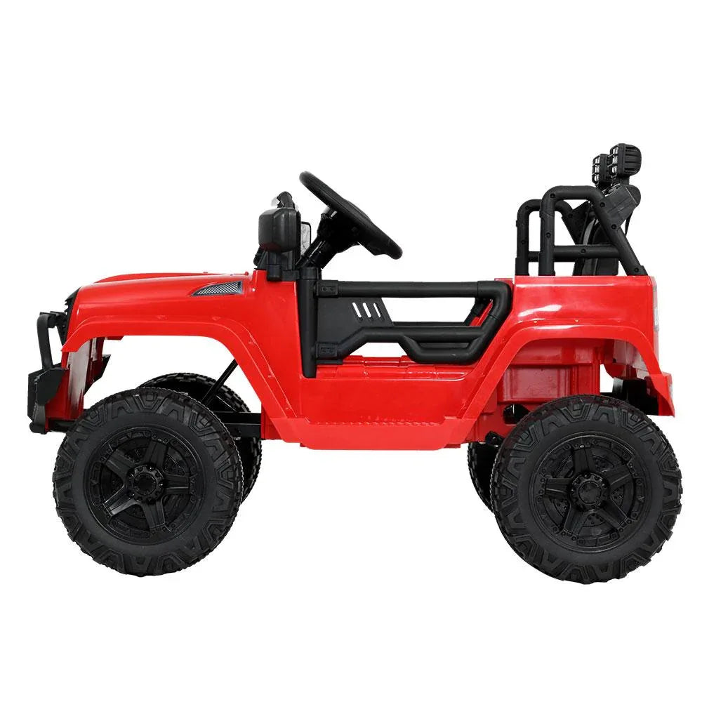 Rear view of red kids ride-on jeep showing taillights and black bumper.