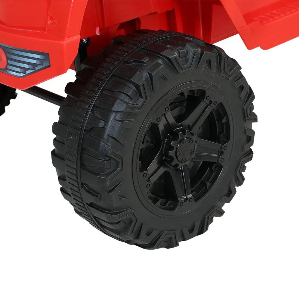 Top view of red kids ride-on jeep showing seat and cabin space.