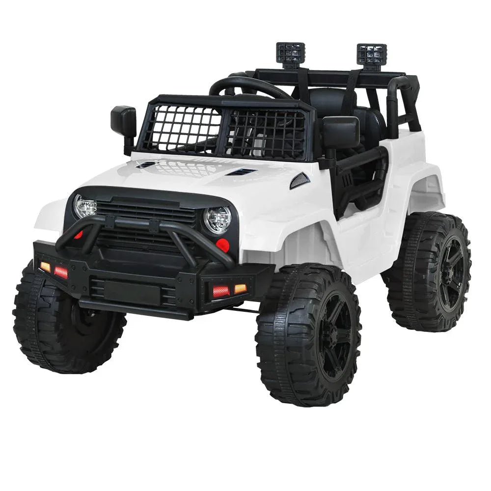White and black kids ride on jeep toy car with realistic off-road design, front view.