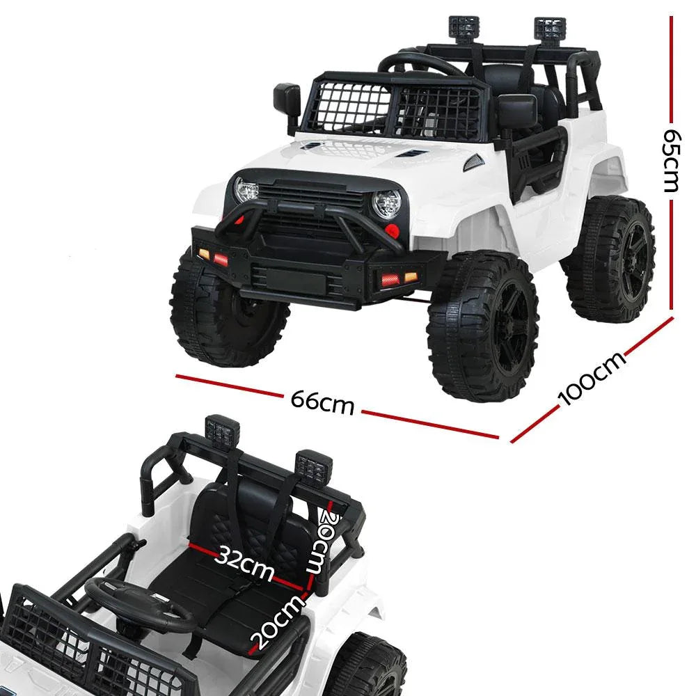 Side view of white kids ride on car toy showing large wheels and detailed body.