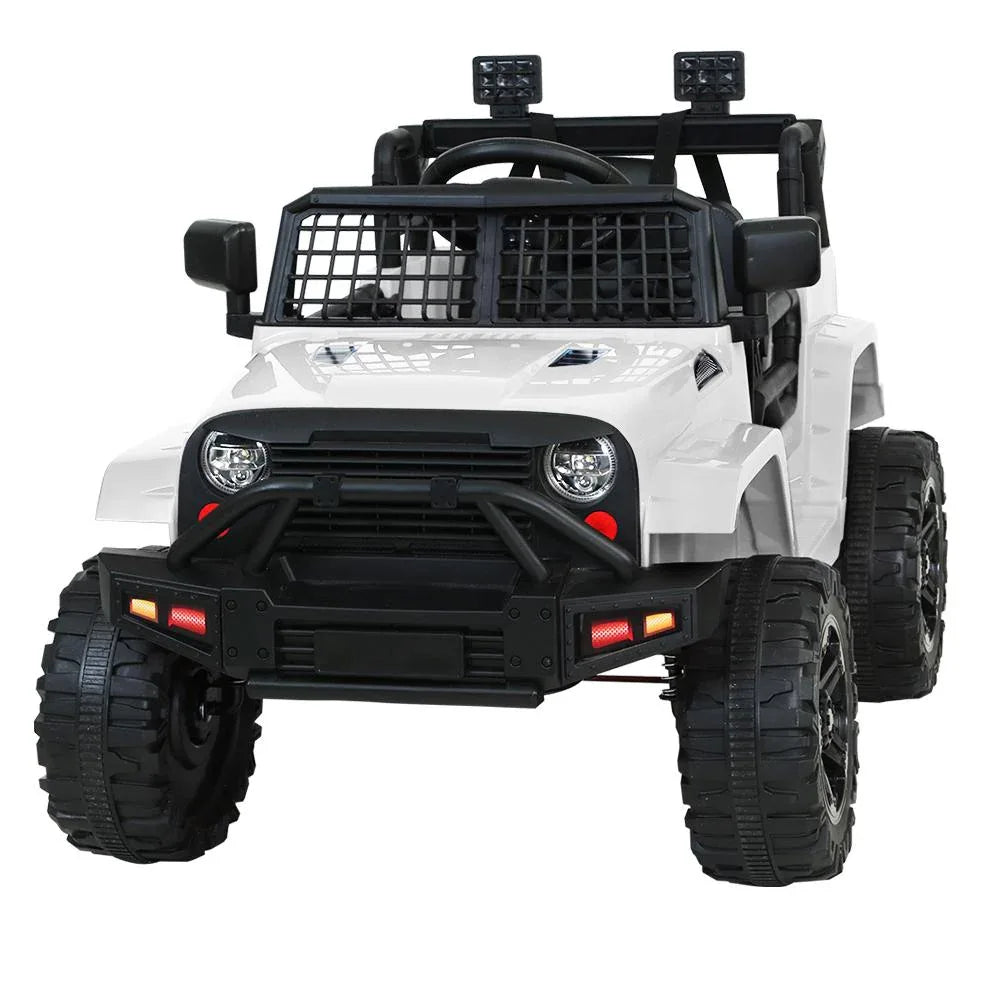 Kids electric ride on jeep in white, showcasing battery compartment and seating.