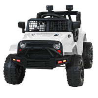 Kids electric ride on jeep in white, showcasing battery compartment and seating.