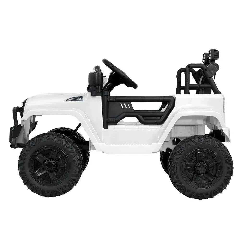 Close-up of steering wheel and dashboard of white kids ride on electric jeep.