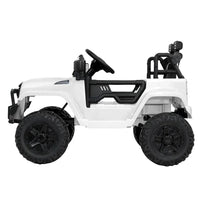 Close-up of steering wheel and dashboard of white kids ride on electric jeep.