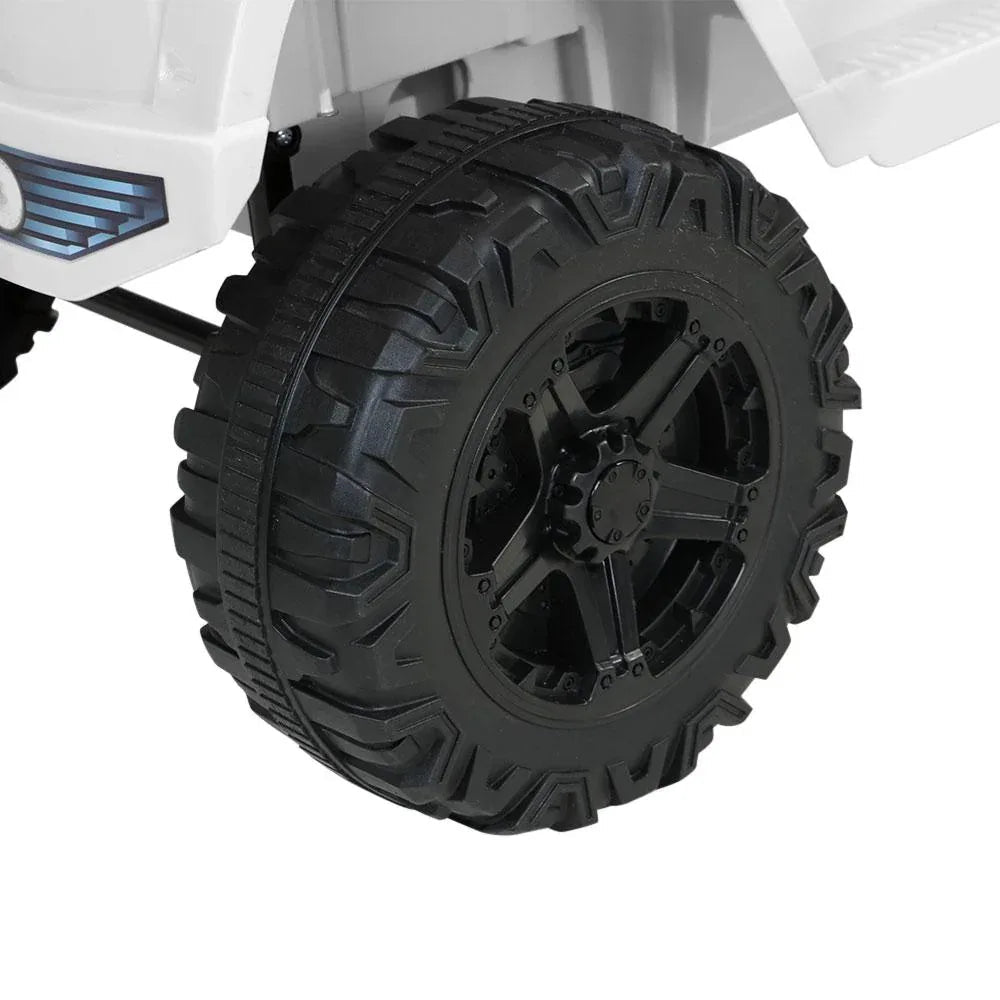 Top view of kids electric ride on jeep in white, showing open seat and controls.