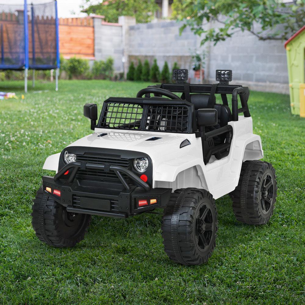 Remote control for white kids ride on jeep, black with buttons and joystick.