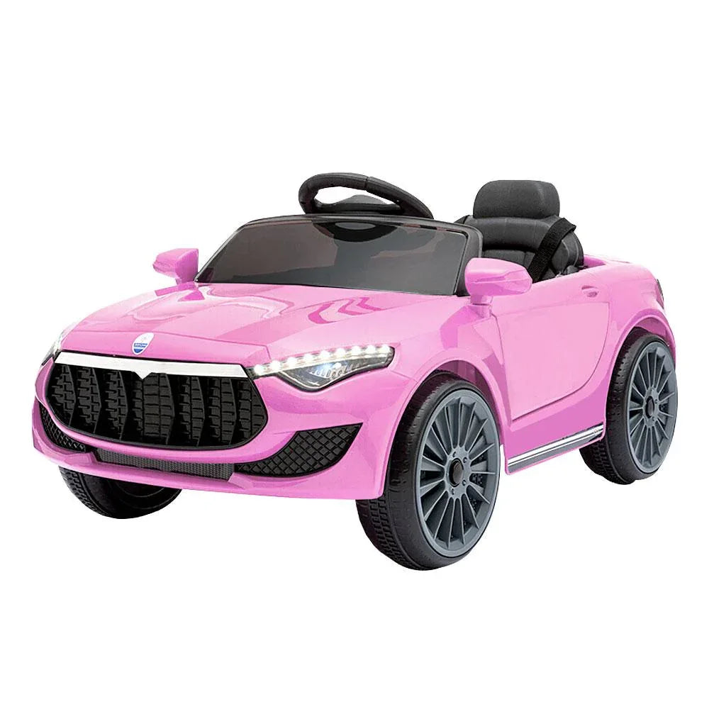 Front view of pink kids' electric ride-on car with sleek sports car design.