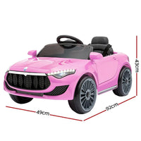 Side profile of pink ride-on car highlighting detailed wheels and doors.