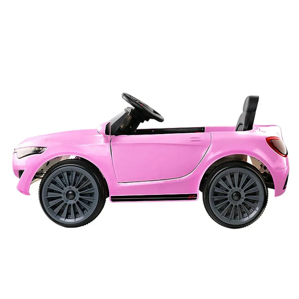 Rear view of pink kids' electric car with taillights and sporty curves.