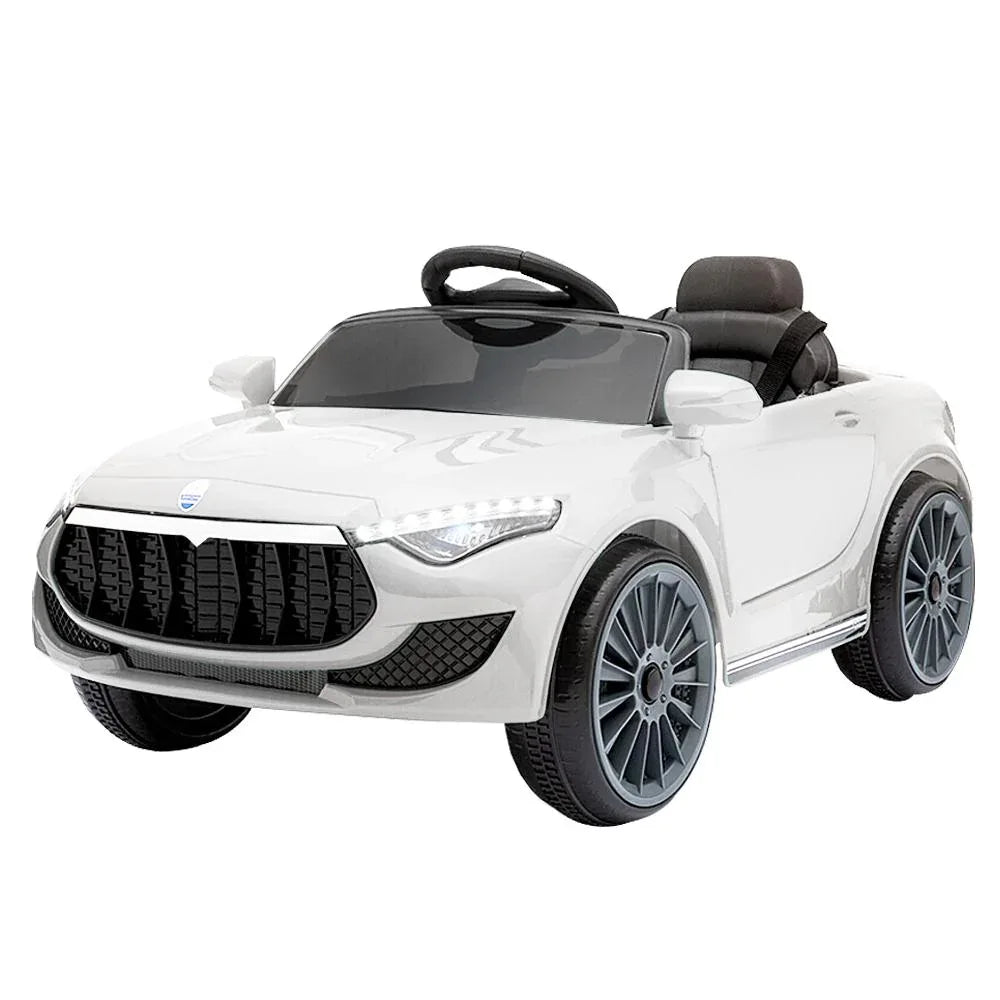 White Rigo Maserati Kids Ride On Car, front side view on white background.