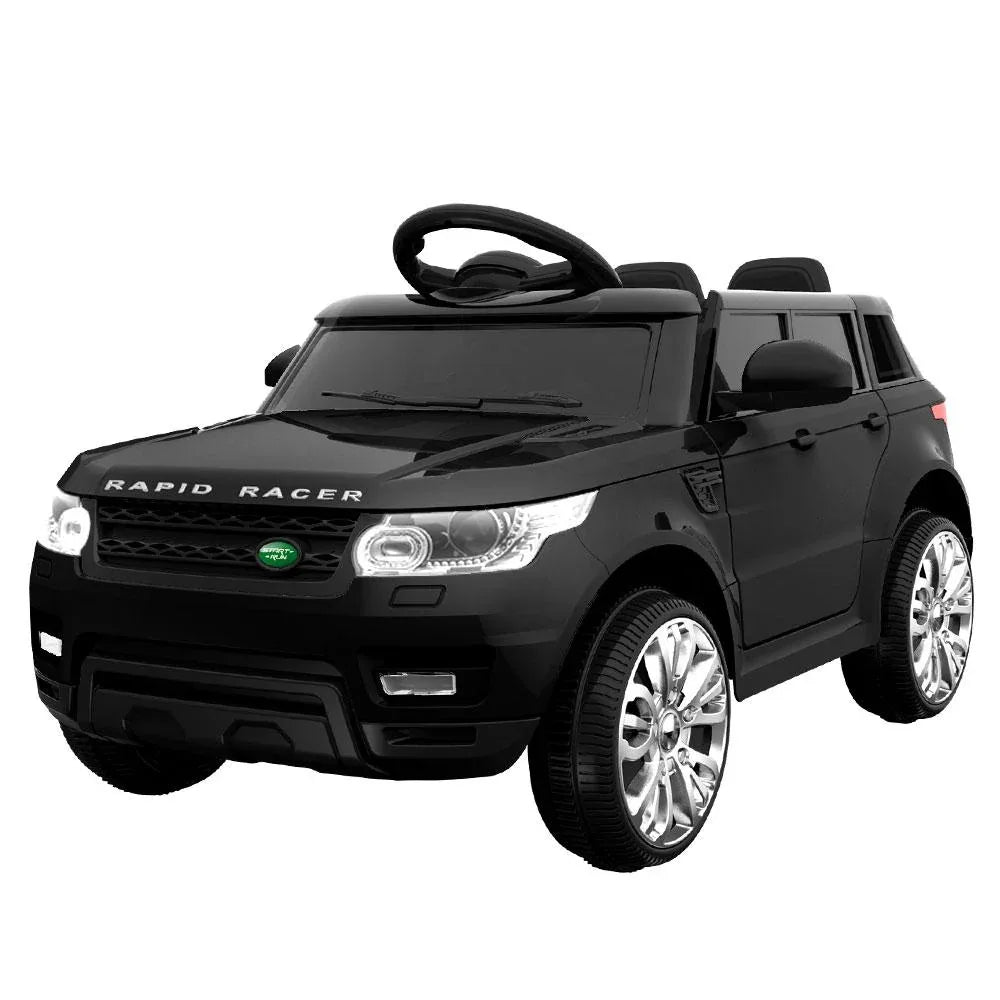 Black kids electric ride-on car with two-tone glossy finish and sturdy design angled left view.